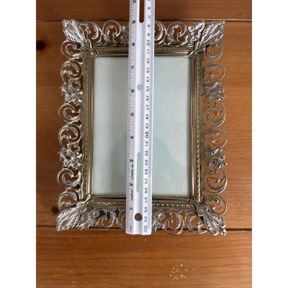 VTG Filigree Picture Photo Frame 5x7 Inch Brass Gold White Metal Ornate Standing